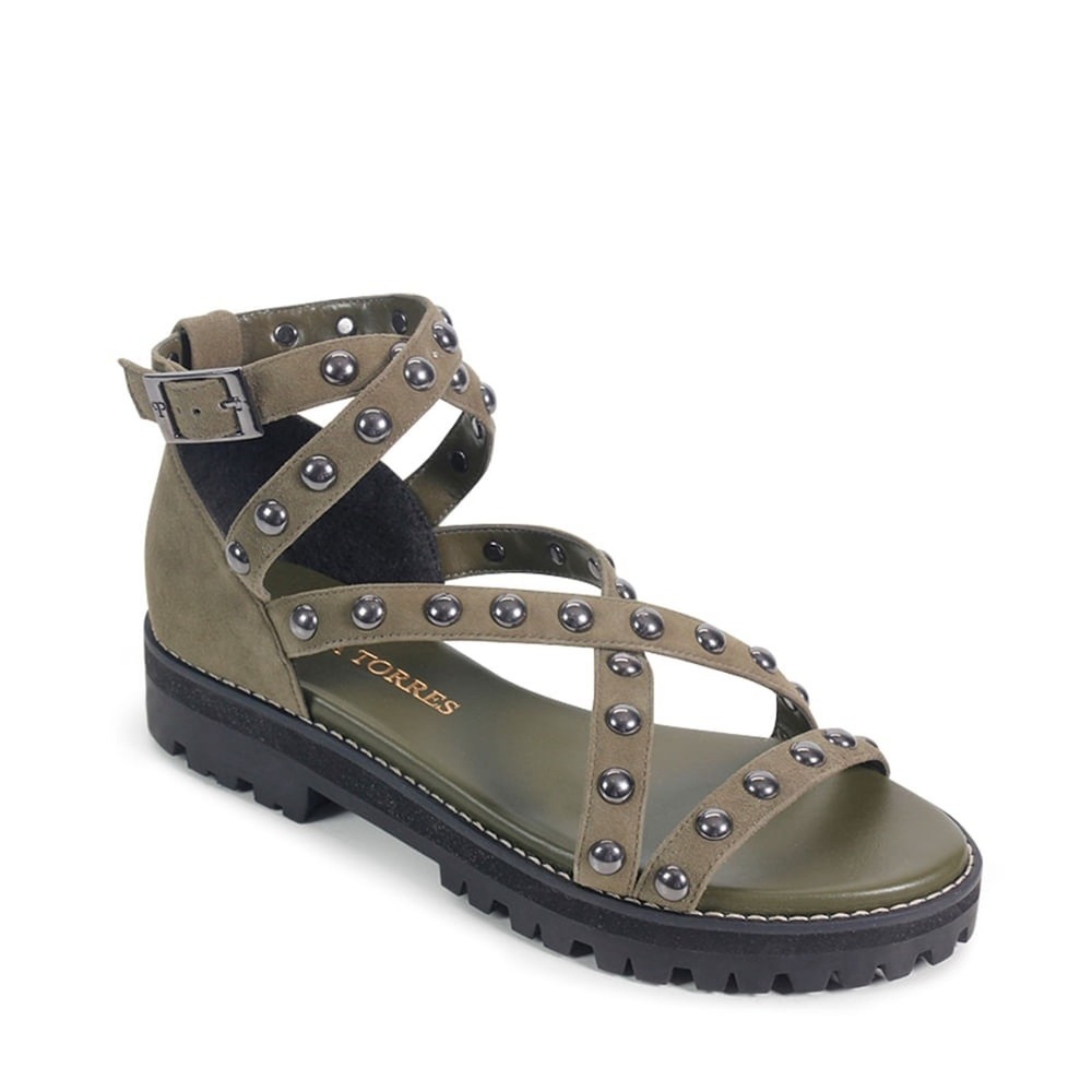 Paula Torres Olive Green Suede Studded Gladiator Lug Sole Sandals 7.5